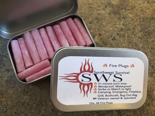 Southwest Survival -Fire Starter Plugs (28) Waterproof,Windproof Fire Starters with 5+ Minute Burn for Emergencies,Campfires,Hiking,Fire Place,Bushcraft, Bugout Bags - Made in The USA
