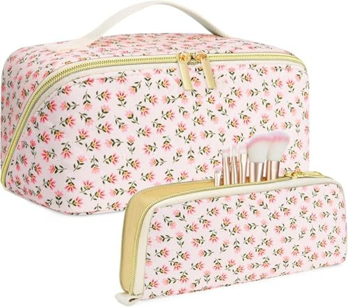 Reise Make-up Taschen 2 PC Set, Gesteppte Make-up-Tasche, Süße, Florale Kosmetiktasche, Große Kosmetiktaschen für Frauen, weit Geöffnete, Tragbare Baumwoll-Beutel mit Trennwand und Griff