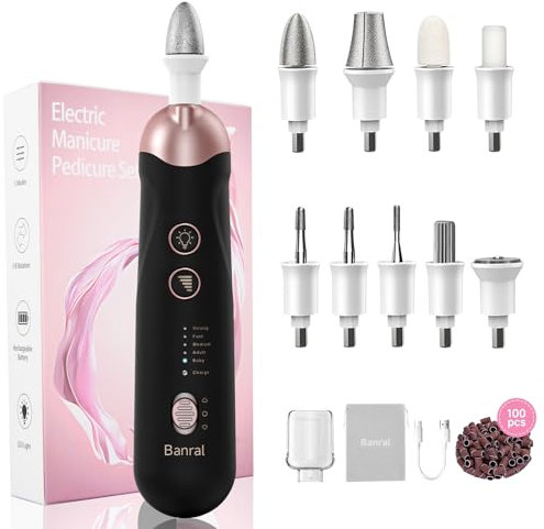 Maniküre Pediküre Set - Pediküre set Fußpflege Elektrisch Nagelfeile mit 5 Geschwindigkeiten und LED Licht Electric Nail Drill, 10 Aufsätze zur Nagelpflege für Hände und Füße (Schwarz)