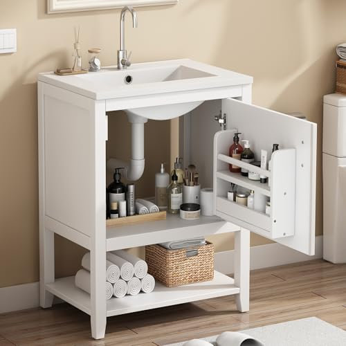 YuQozii Mobile da bagno singolo, 60 cm, con lavabo in ceramica, con ripiano (bianco)