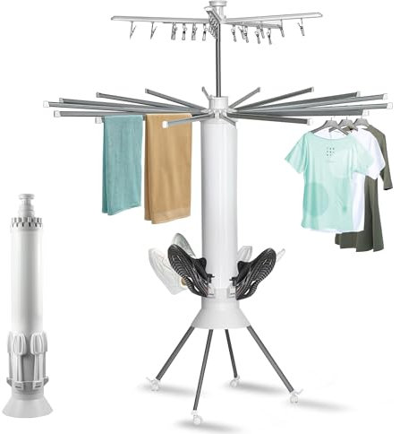JIANFA Foldable 3-Tier Clothes Airer Indoor, Space Saving Clothes Drying Rack with Wheels, Shoe Racks, Clips for Indoor & Outdoor Large Stable 4-Legged Clothes Horse Extendable Air Dryer No Assembly