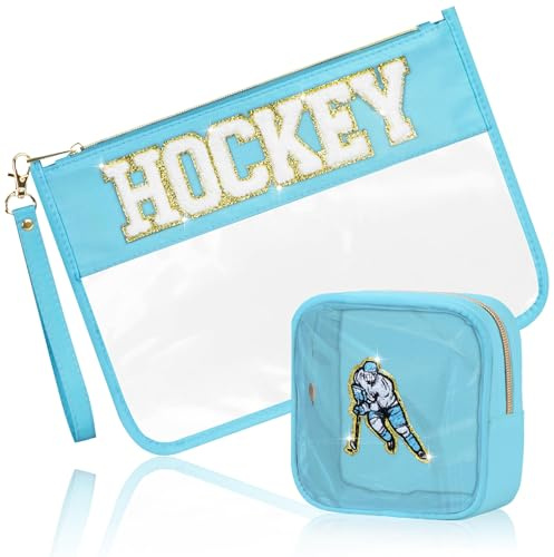 BuyCard 2 Pcs Hockey Gifts Makeup Bag with Chenille Letter Patch, Clear Cosmetic Pouch PVC Organizer Purse, Waterproof Travel Bag, Portable Toiletry Storage Bag for Her Girls Friends Women