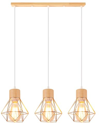 TOKIUS Araña de 3 Luces Retro Lámpara Colgante Vintage 16CM Lámparas de Techo en Madera Hierro Diseño Jaula Dorado Luz Colgante E27 Iluminación de Techo para Comedor Cocina Salón Café (Araña B)