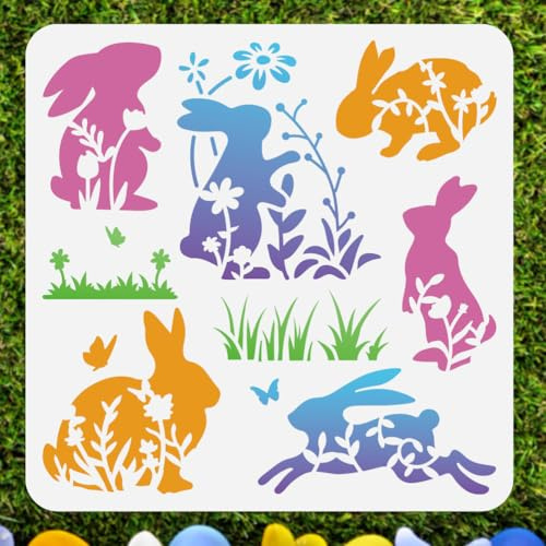 DOODLREAM Pochoir mural motif lapin de Pâques sautant dans l'herbe - 30 x 30 cm - Pochoirs en plastique réutilisables - Pour peinture sur bois, mur, sol, tissu, verre, meubles, fête, bricolage