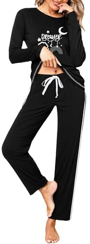 Terecey Pijama Mujer Cómoda y Ligera Conjunto de Pijamas con Camiseta Cuello Redondo y Pantalón Largo Tejido Suave de Algodón Ropa de Dormir Elegante y Transpirable