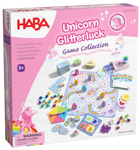 HABA Licornes dans Les Nuages – Collection de Jeux à partir de 3 Ans avec 9 Jeux de dés, de Cartes et de Plateau variés pour 2 à 4 Enfants, faciles à Expliquer – 2012231002