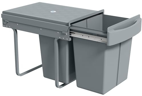 HOMCOM Cubo de Basura bajo Fregadero, Cubo de Basura Cocina, 2 Contenedores de Reciclaje Extraíble, 20L+20L, Deslizamiento Suave, Asa, Tapa con Patrón de Diamante, Gris