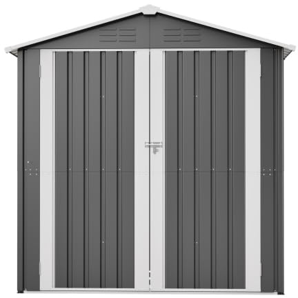 Cobertizo para herramientas con base de metal, con cerradura y resistente a la intemperie, gran cobertizo de jardín 185 x 142 x 185 cm para cortacésped y bicicletas, almacén de jardín
