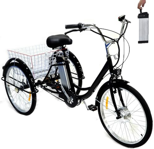 Triciclo Eléctrico De 24 Para Adultos,Con Cesta De Compra, Asiento Blando,Altura Ajustable (29,5''-33,4''),Batería Extraíble De 36 V Y 12 Ah,Autonomía De 30 Km,Capacidad De Carga De 330 Lb Black