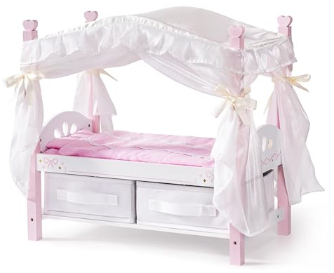 ROBUD Docksäng av trä, prinsesshimmelsäng med sängkläder och lådor, lämplig för dockor upp till 45 cm, dockmöbler för småbarn från 3 år, rosa-vit
