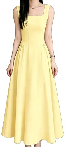 EWYRJYH Vestido de Noche Plisado con Cuello Cuadrado, Cintura Drapeada, Falda Fluida En Línea A, Tirantes con Lazo, Ideal Para Bailes de Graduación y Cenas de Gala
