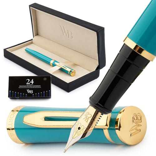 Wordsworth & Black Fountain Pen Set, 18K Gilded Medium Nib, Includes 24 Pack Ink Cartridges, Ink Refill Converter & Gift Box, Gold Finish, Calligraphy, [Turquoise Gold], Perfect for Men & Women