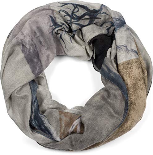 styleBREAKER Bufanda de bucle para mujer con estampado de ciervo y diseño geométrico, bufanda tubular multicolor, pañuelo 01017131, color:Gris-Azul