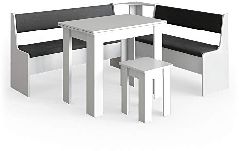 Vicco Combinazione di panche e tavolo ad angolo Roman, Bianco, 180 x 150 cm con tavolo, adatto per il posizionamento ad angolo in cucine e sale da pranzo