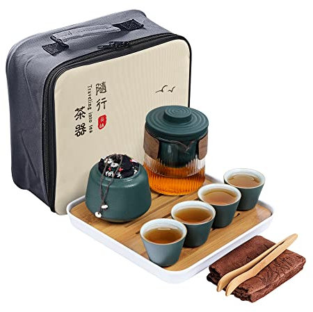 fanquare Japanisches Tragbare Reise Tee Set für Erwachsene, Grün Chinesisches Tee Set aus Porzellan, Vintage Teeservice für Geschenke Männer