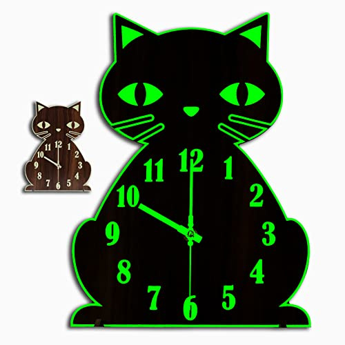 Crosstime Silent Cat Wall Clock Battery Operated, Glow in The Dark Brown Wooden Analog Cat Clock for Girls Room, Cute Animal Clock for Kids Bedroom
