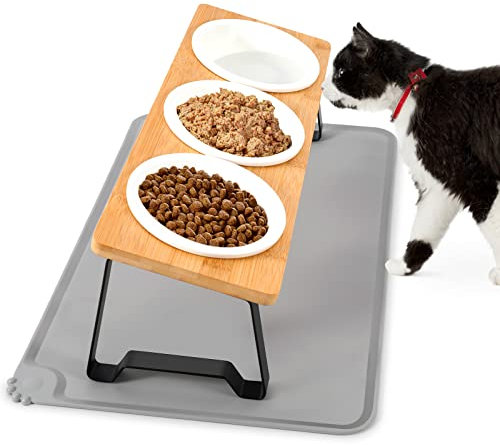 Lannvan Katzennapf Erhöht, 3er Set Futternapf Katze aus Keramik mit Napfunterlage Silikon, Ergonomischer Futterstation 15°gekippte Katzen Hundenapf,Fressnapf und Wassernapf für Katzen und kleine Hunde