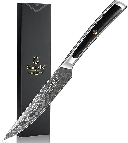 Sunnecko Damascus Steak Knife Non Serrated, Japanese VG10 Stainless Steel Steak Knife, 5 Inch Steak Knives G10 Handle with Gift Box