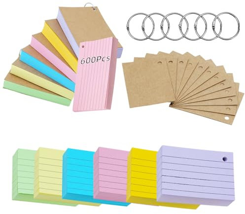 moinkerin Karteikarten 600 Stücke 5 * 2.91 Inch Mehrfarben Lernkarten Flashcards mit 7 Binderingen 12 Kraftpapier Karteikarten für Büro Haus Schule Lernen Linierte Karteikarte