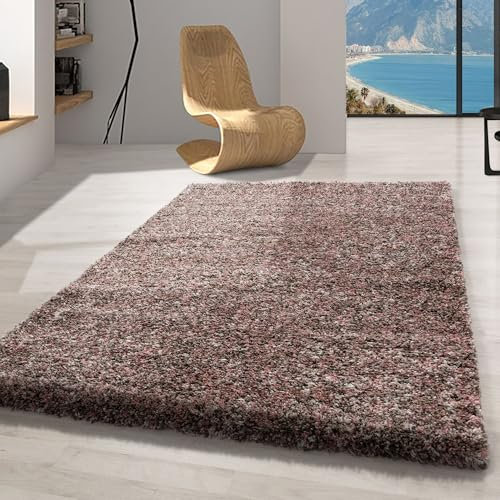 Carpetsale24 Hochflor Teppich 140x200 cm Rosa – Shaggy Teppich, Flauschig, Meliert & Pflegeleicht, Jute-Rücken – Wohn- & Schlafzimmer geeignet