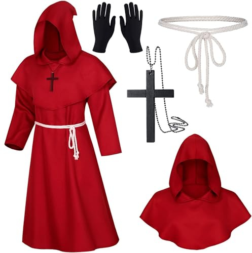 XCMVCN Disfraz Monje, Túnica Medieval Renacentista, Halloween Túnica de Monje Capucha para Hombre, Halloween carnaval y trajes de rol (Rojo,L)
