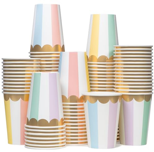 Confettiville Disposable Paper Coffee Cups, Bulk 100 Pack, Pastel Stripes, Leak-Resistant, 12 oz Hot and Cold Cups for Restaurants and Parties