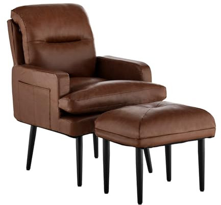 TUKAILAI Relaxsessel mit Hocker, Fernsehsessel aus Liegefunktion,Verstellbar Ohrensessel Liegesessel mit Metallbeine und Fußhocker,Polstersessel für Wohnzimmer Schlafzimmer, Kunstleder Braun