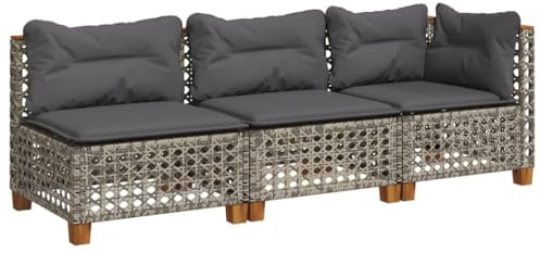 vidaXL Gartensofa 3-Sitzer, Gartensessel mit Kissen, Modular Loungesofa für Garten Terrasse, Sofa Garnitur Gartenmöbel, Grau Poly Rattan
