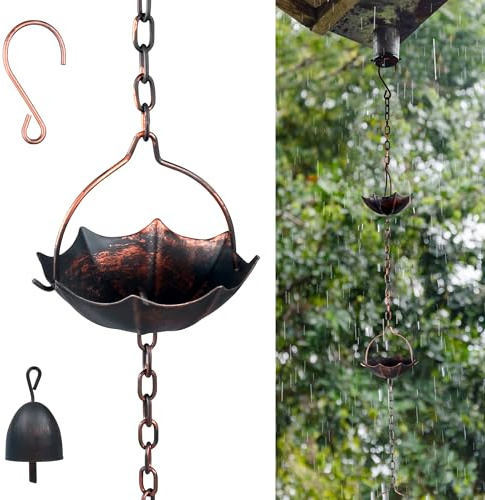 Invech Catene da pioggia per grondaie, da 12,5 m, con 12 tazze, catena antipioggia a forma di ombrello con campana per drenaggio grondaie, ricambio per Downpout