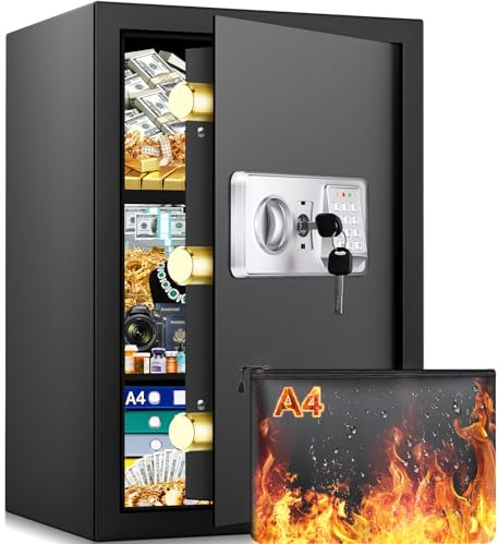 Mejasg Safe Tresor Feuerfest mit Feuerfeste Dokumententasche&2 Herausnehmbares Regal, 75L Möbeltresor Groß mit Alarmanlage, Digitaler Schranktresor für Zuhause Bargeld Schmuck Medikamente A4 Dokumente