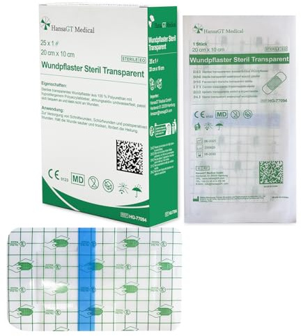 HansaGT Medical Wundpflaster Wasserdicht 20x10 Cm Für OP, Dusche Und Tattoo-Pflege, Transparentes Pflaster Hautverträglich Und Atmungsaktiv, Steriler Wundschutz Einzeln Verpackt 25 Stück