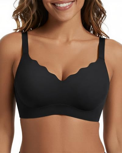 SHARICCA BH Damen Ohne Bügel - Nahtloser V Ausschnitt Gewellte Ränder Push Up BH Soft Atmungsaktiv Seamless Bustier Mit BH-Verlängerung((New-Schwarz-1P02-XXL)