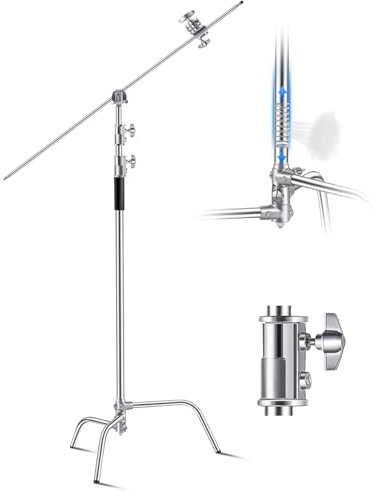 VEVOR Support en Forme C, avec Bras de flèche, Hauteur maximale 330 cm, Support d'éclairage Photographique Robuste en Acier Inoxydable, tête à 2 poignées pour monolight de Studio, softbox, réflecteur