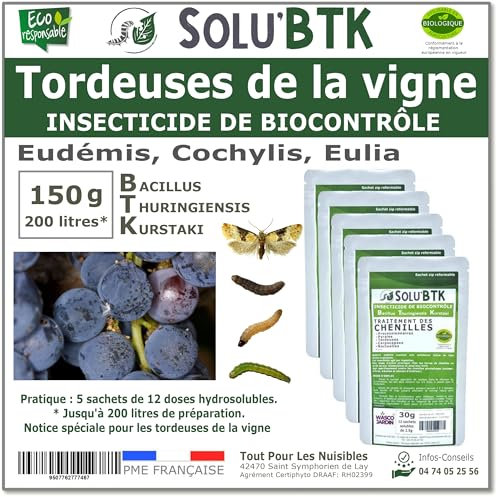 SoluBTK - Tordeuses de la Vigne - 150 g Bacillus thuringiensis BTK - Insecticide Utilisable en Agriculture Biologique - Traitement chenilles