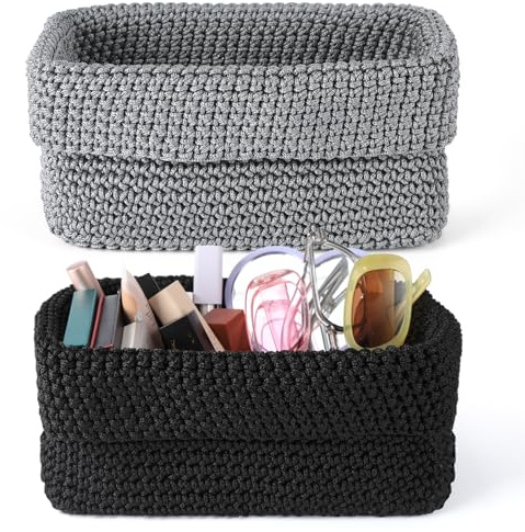 2 Pcs Panier Tressé, Panier Rangement Salle de Bain en Corde de Coton, Pliable Organisateur Tressé pour Salon, Cuisine, Salle de Bain (21 * 13 * 15.5cm, Noir/Gris)