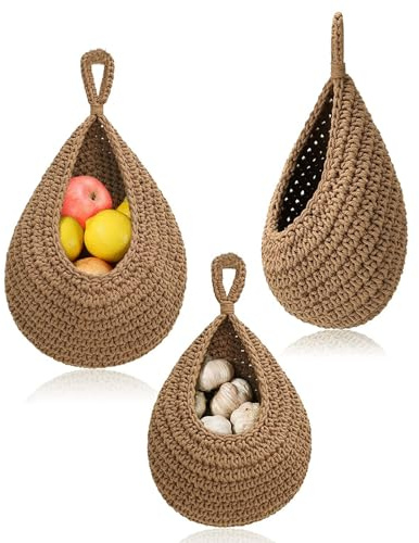 Hängende Wandkörbe, 3 Stück Obstkorb Hängend Jute, Hängekorb Klein, Wandhängender Obstkorb, Aufbewahrungskorb Geflochten, Hängekorb, für Küchendekoration, Wohnzimmer, Bad (Braun)