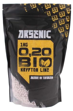 Bolsa de 1 kg de Bolas biodegradables de 0,20 g para Airsoft Marca Arsenic Krypton, 6 mm, Blancas, pulidas Evitar Atascos y residuos