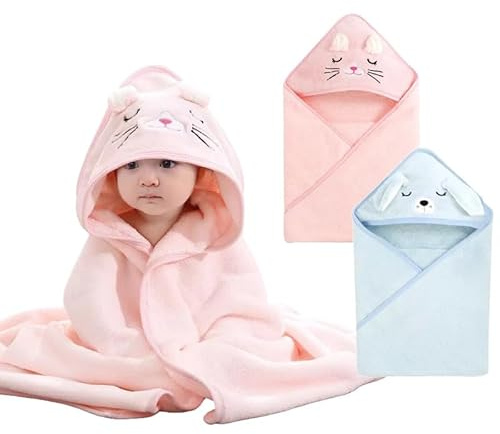 HAGOT 2 st huvhanddukar för spädbarn, 80 x 80 cm, baby badhandduk, baby badhandduk av korallfleece, spädbarn nyfödda, blå + rosa