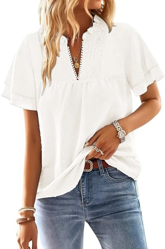 CHICZONE Women's Short Sleeve Tops Boho V Neck T-Shirts Flowy Swiss Dot Ruffle Tunic Tops for Leggings Casual Blouses