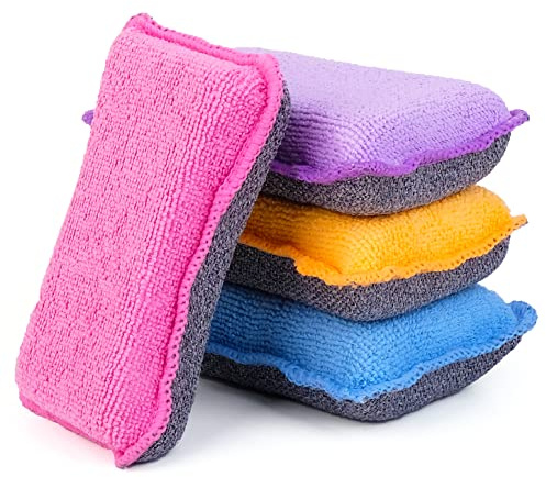 UPSTAR Kitchen Sponges for Dishes, Microfiber Cleaning Scrubber, Non-Scratch Scrubbies for Dishwashing and Bathroom, Size L Pack of 4