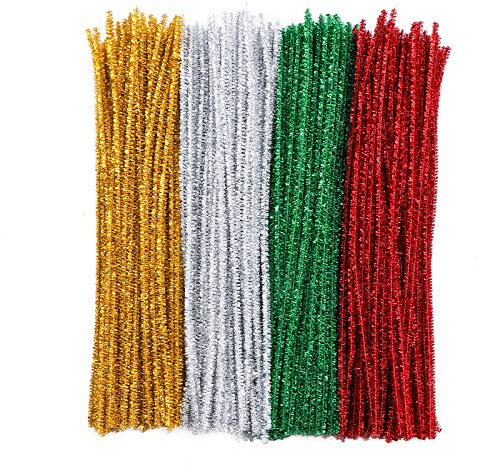Pipe Cleaners 400 Pcs 4 Colors Christmas Chenille Stems Glitter Pipecleaners Craft Kit Pipe Cleaning Tool Set for Kids DIY Crafts Halloween Christmas Decorations School Projects-Gold Silver Red Green