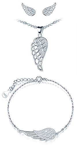 CPSLOVE Collier bracelet et boucles d'oreilles pour femmes filles, Ensemble de bijoux de femmes, en argent 925, collier pendentif bracelet et clous d'oreilles d'ailes d'anges, Zircon incrusté, argent