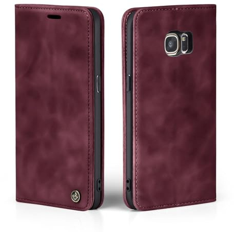LBH Handyhülle für Samsung Galaxy S7 in Weinrot mit Karten- und Geldfach Smartphone Hülle mit Standfunktion Flip Case Schutzhülle Magnetverschluss Vintage