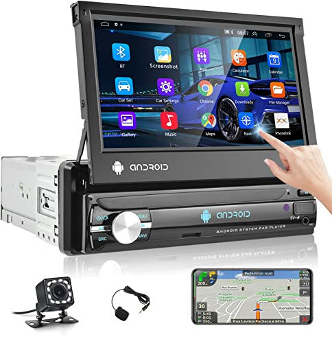 Android Single Din Car Stereo with GPS Navigation, Hodozzy 7 Inch Touch Screen Flip Out Car Radio with Mirror Link Bluetooth Wifi FM Radio/USB/AUX SWC Reverse Camera Microphone Screen 1 Din Android