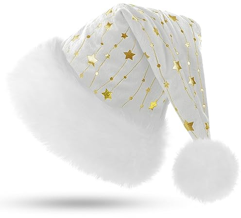 KONVINIT Blanc Bonnet de Noel Luxe Bonnet Pere Noel avec Paillette Chapeau de Noel de Velours Costume pere Noel Homme Femme,blanc