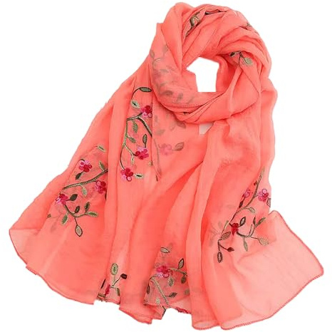 Pluto & Fox Fular De Mujer Bordado Con Flores Bufanda De Seda Diseño Retro Elegante Pañuelo cuello Estola (Roja Sandia, 75cm*175cm)