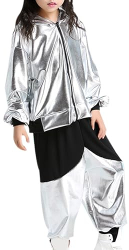 Yyyuluo Ragazze 2Pz Vestiti Hip Hop Bambini Danza di Strada Vestito Ragazzi Paillettes Ballo Sala da Ballo Moderno Abbigliamento Jazz Top Pantaloni Set di Costumi, Argento 150cm (Taglie più Piccole)