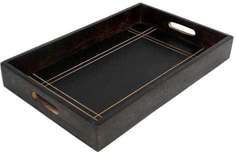 Ajuny Bandeja de Madera Negra 38x25 cm con Asas – Bandeja Rectangular Decorativa Tallada a Mano para Servir Comida, Aperitivos, Frutas, Desayuno o Cena en Cocina, Salón y Decoración del Hogar