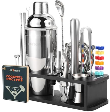 HMYBAR® 22-pc Cocktail Shaker Set(24oz/700ml) | Mixology Bartender Kit | Bar Tool Set | Martini Making Set with 39-Recipe Cocktail Cards & Kit's Deco, Bamboo Stand Black Color, Silver Tools