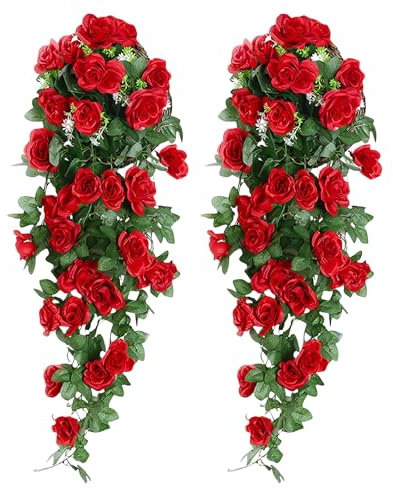 Konstgjord växt 2 stycken amplar 90 cm konstgjorda hängande växter falska siden ros blommor konstgjord växt murgröna växt konstgjord för badrum dekoration utomhus inomhus bröllop fönsterdekoration